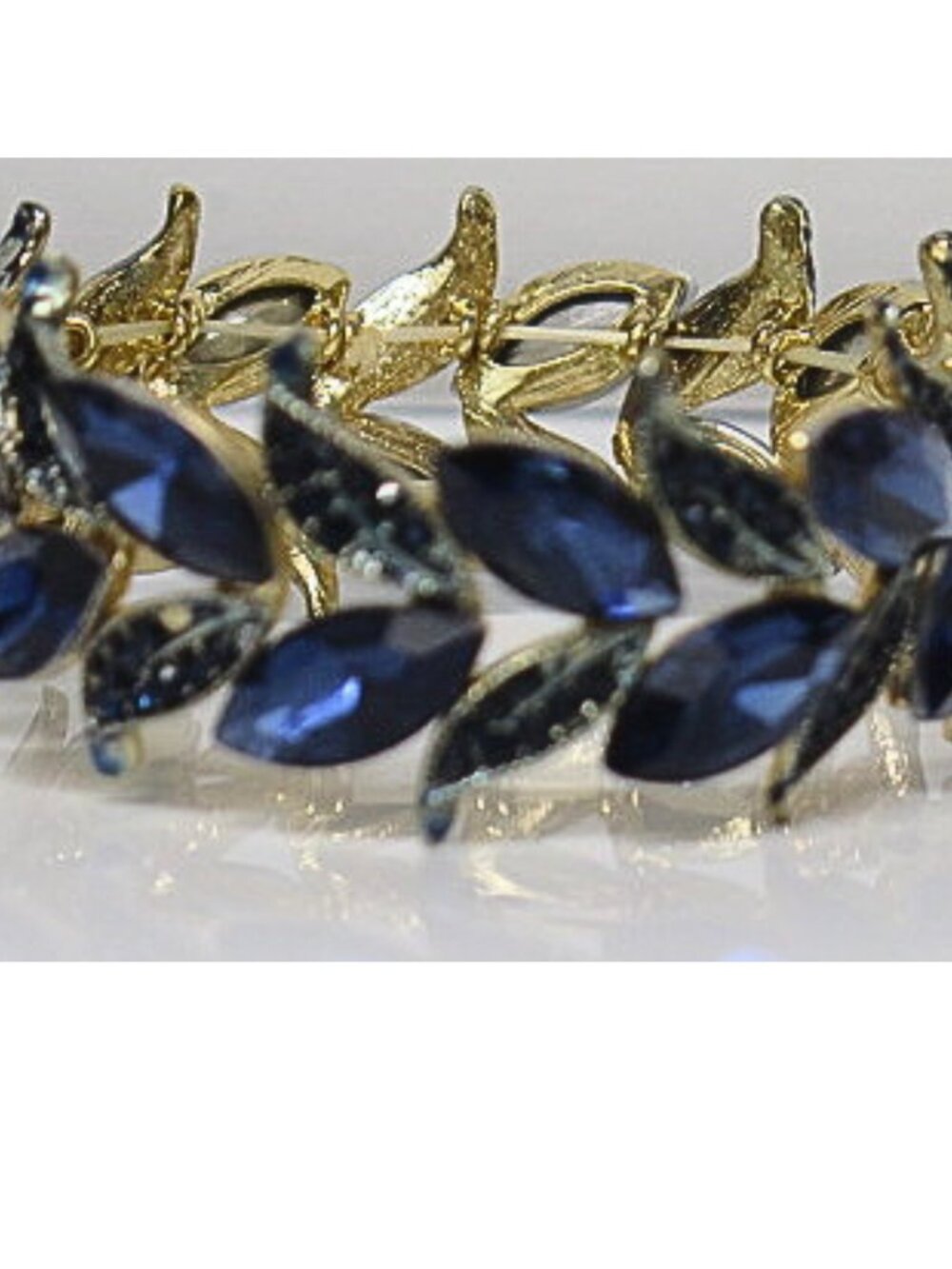 Estate Gold Tone Navy Blue Crystal Leaf Stretch Statement Bracelet - Picture 4 of 6